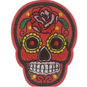 Sugar Skull Iron On Patch Red Embroidered‎ Day of the Dead Rose Floral Calavera